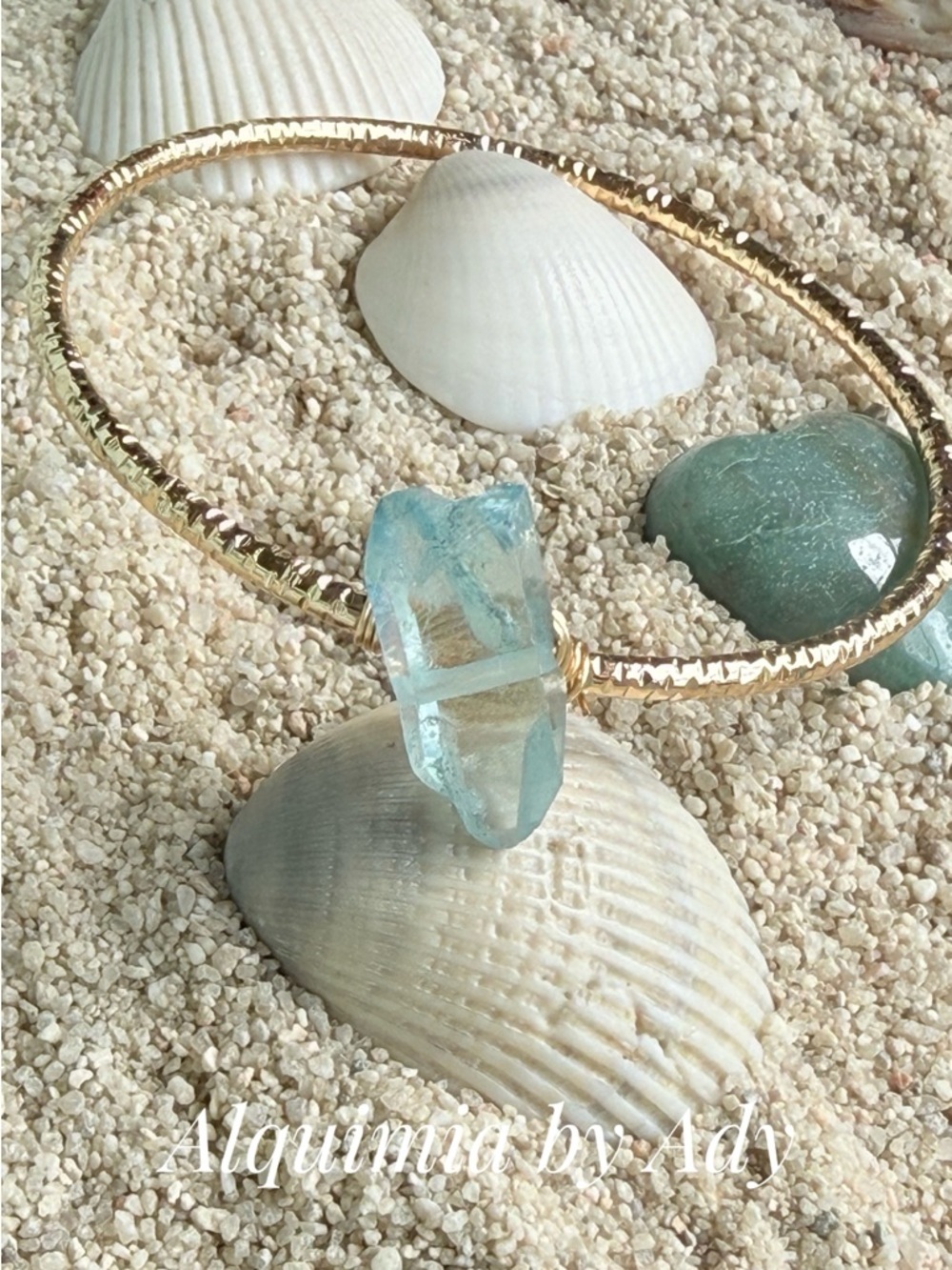 Gold Bangle with big raw quartz Pendant